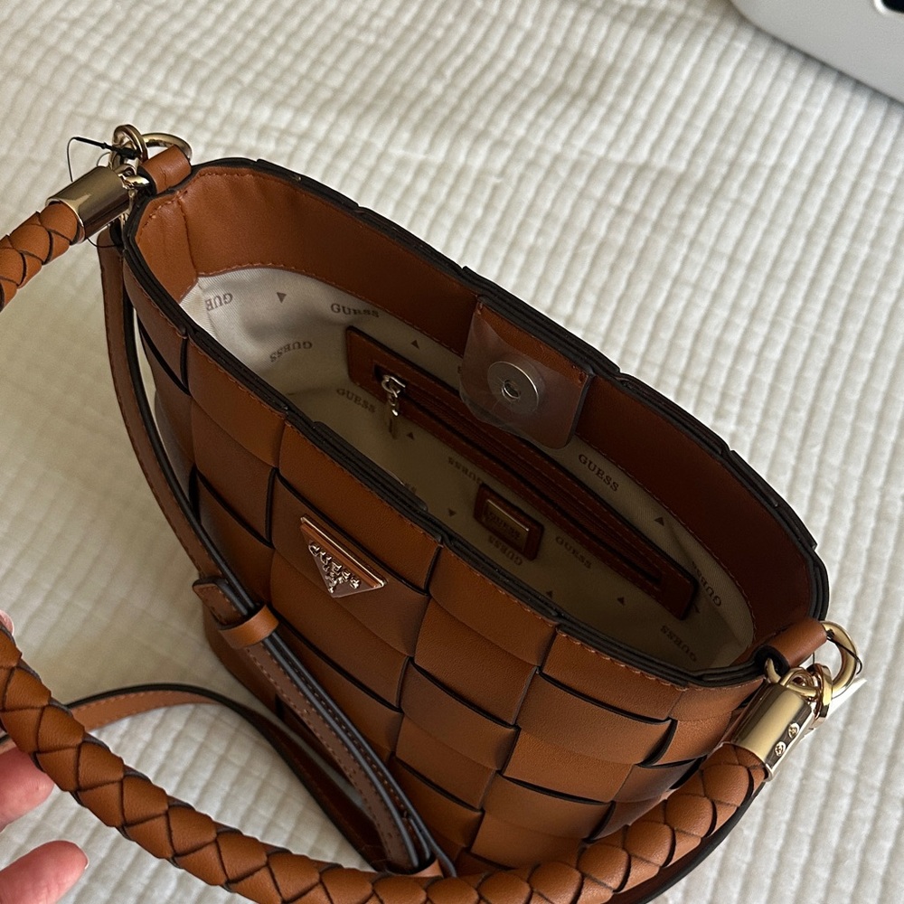 Guess Woven Shoulder Bucket Bag in Tan - Picture 7 of 8